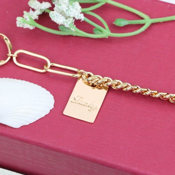 "Chunky Rose Gold Bracelet with Paperclip and Square Tag Charm, XPBL1078 - Picture 1 of 12